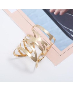 Punk Fashion Hollow Style Wide Design Open-end Alloy Bracelet - Golden