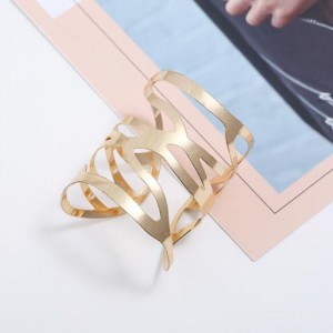 Punk Fashion Hollow Style Wide Design Open-end Alloy Bracelet - Golden