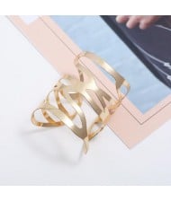 Punk Fashion Hollow Style Wide Design Open-end Alloy Bracelet - Golden