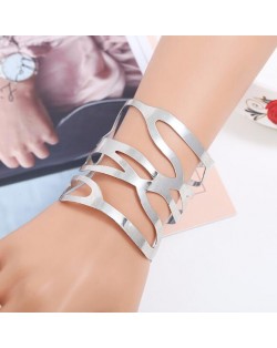 Punk Fashion Hollow Style Wide Design Open-end Alloy Bracelet - Silver