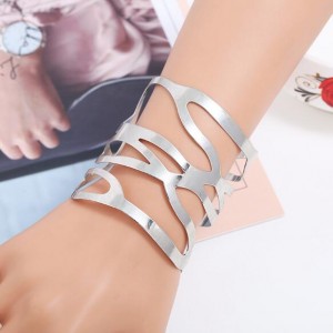 Punk Fashion Hollow Style Wide Design Open-end Alloy Bracelet - Silver