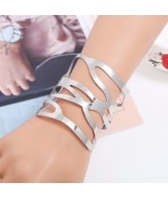 Punk Fashion Hollow Style Wide Design Open-end Alloy Bracelet - Silver