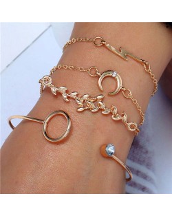 Flash Lightning Moon and Twig Four Pieces Golden Bracelet Combo Set