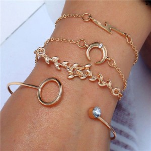 Flash Lightning Moon and Twig Four Pieces Golden Bracelet Combo Set
