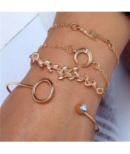 Flash Lightning Moon and Twig Four Pieces Golden Bracelet Combo Set