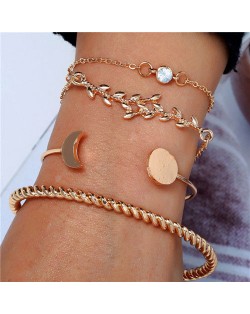 Twig and Moon Design Four Pieces Golden Bracelet Combo Set