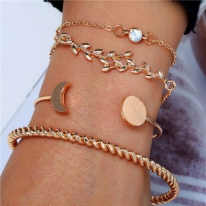 Twig and Moon Design Four Pieces Golden Bracelet Combo Set