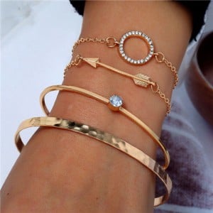 Arrow and Rhinestone Hoop Design Four Pieces Golden Bracelet Combo Set