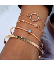 Arrow and Rhinestone Hoop Design Four Pieces Golden Bracelet Combo Set