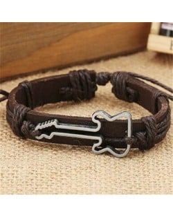 Guitar Pendant Decorated Weaving Design Punk Fashion Leather Bracelet - Dark Brown