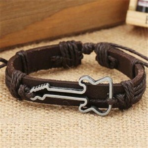 Guitar Pendant Decorated Weaving Design Punk Fashion Leather Bracelet - Dark Brown