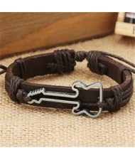 Guitar Pendant Decorated Weaving Design Punk Fashion Leather Bracelet - Dark Brown