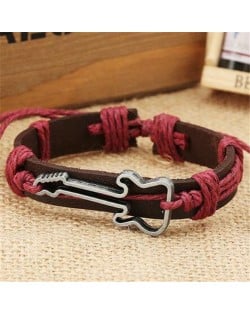 Guitar Pendant Decorated Weaving Design Punk Fashion Leather Bracelet - Red