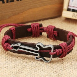 Guitar Pendant Decorated Weaving Design Punk Fashion Leather Bracelet - Red