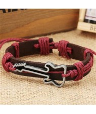 Guitar Pendant Decorated Weaving Design Punk Fashion Leather Bracelet - Red