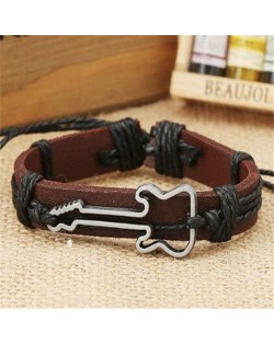 Guitar Pendant Decorated Weaving Design Punk Fashion Leather Bracelet - Black