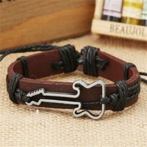 Guitar Pendant Decorated Weaving Design Punk Fashion Leather Bracelet - Black