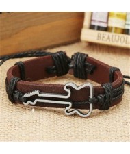 Guitar Pendant Decorated Weaving Design Punk Fashion Leather Bracelet - Black