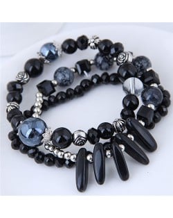 Crystal Ball and Seashell Combo Triple Layers High Fashion Bracelet - Black