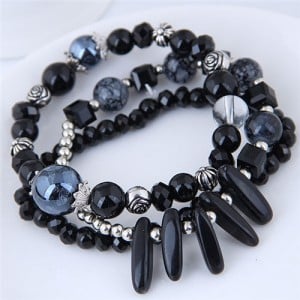Crystal Ball and Seashell Combo Triple Layers High Fashion Bracelet - Black