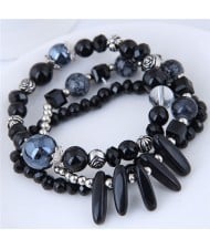 Crystal Ball and Seashell Combo Triple Layers High Fashion Bracelet - Black