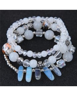 Crystal Ball and Seashell Combo Triple Layers High Fashion Bracelet - White
