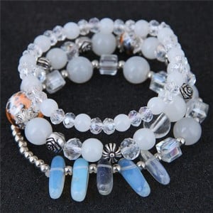 Crystal Ball and Seashell Combo Triple Layers High Fashion Bracelet - White