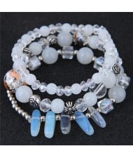 Crystal Ball and Seashell Combo Triple Layers High Fashion Bracelet - White