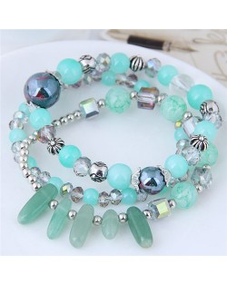 Crystal Ball and Seashell Combo Triple Layers High Fashion Bracelet - Green