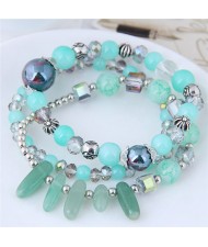 Crystal Ball and Seashell Combo Triple Layers High Fashion Bracelet - Green