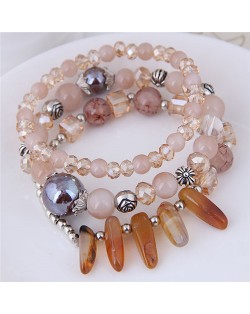 Crystal Ball and Seashell Combo Triple Layers High Fashion Bracelet - Champagne
