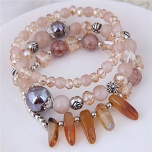 Crystal Ball and Seashell Combo Triple Layers High Fashion Bracelet - Champagne