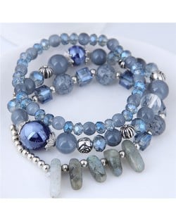 Crystal Ball and Seashell Combo Triple Layers High Fashion Bracelet - Blue