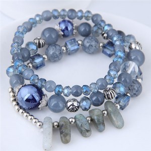 Crystal Ball and Seashell Combo Triple Layers High Fashion Bracelet - Blue