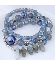 Crystal Ball and Seashell Combo Triple Layers High Fashion Bracelet - Blue