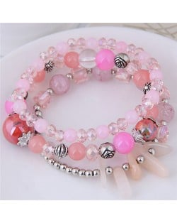 Crystal Ball and Seashell Combo Triple Layers High Fashion Bracelet - Pink