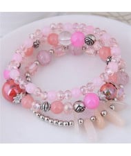 Crystal Ball and Seashell Combo Triple Layers High Fashion Bracelet - Pink