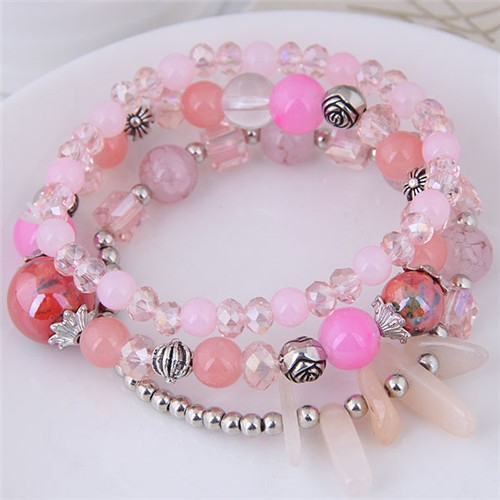 Crystal Ball and Seashell Combo Triple Layers High Fashion Bracelet - Pink