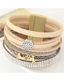 Multiple Layers Lucky Design Magnet Buckle Fashion Bangle - Beige