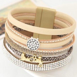 Multiple Layers Lucky Design Magnet Buckle Fashion Bangle - Beige