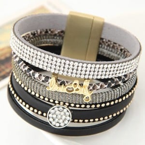 Multiple Layers Lucky Design Magnet Buckle Fashion Bangle - Black
