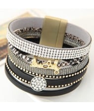 Multiple Layers Lucky Design Magnet Buckle Fashion Bangle - Black