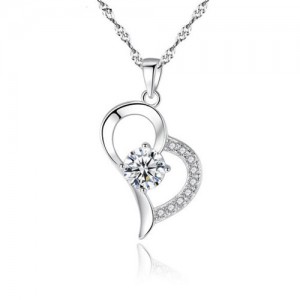 Cubic Zirconia Inlaid Graceful Heart Pendant 925 Sterling Silver Necklace