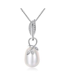 Natural Pearl Inlaid Leaves Attached Design Pendant 925 Sterling Silver Necklace