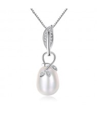 Natural Pearl Inlaid Leaves Attached Design Pendant 925 Sterling Silver Necklace