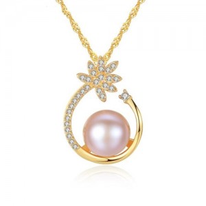 Natural Pearl Inlaid Elegant Flower Pendant 18k Gold Plated 925 Sterling Silver Necklace - Pink