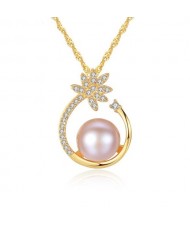 Natural Pearl Inlaid Elegant Flower Pendant 18k Gold Plated 925 Sterling Silver Necklace - Pink