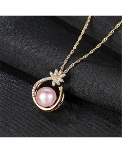 Natural Pearl Inlaid Elegant Flower Pendant 18k Gold Plated 925 Sterling Silver Necklace - Purple