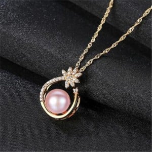 Natural Pearl Inlaid Elegant Flower Pendant 18k Gold Plated 925 Sterling Silver Necklace - Purple