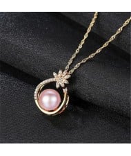 Natural Pearl Inlaid Elegant Flower Pendant 18k Gold Plated 925 Sterling Silver Necklace - Purple